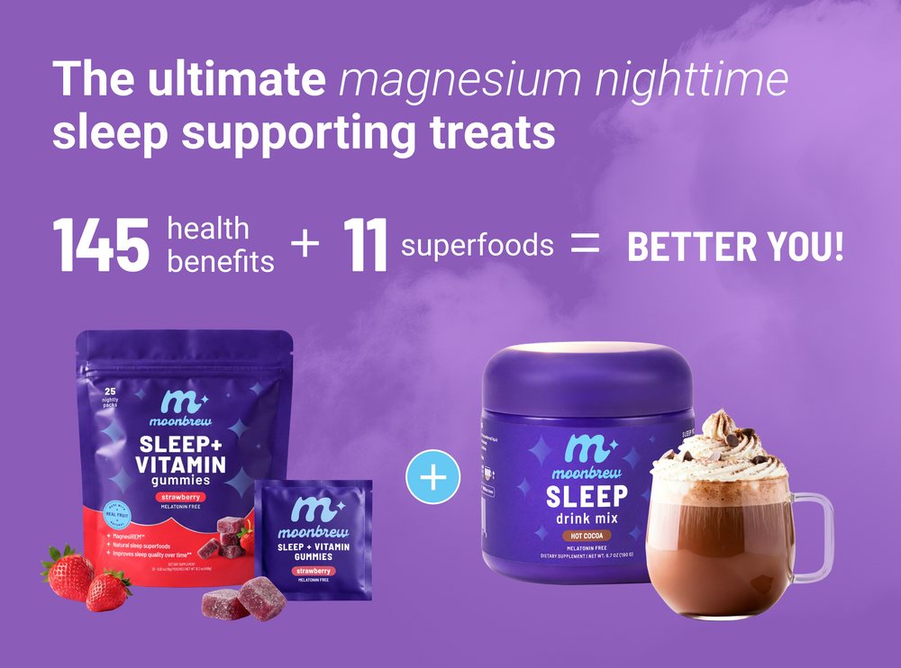145 health benefits plus 11 superfoods — MoonBrew gummies and drink mix