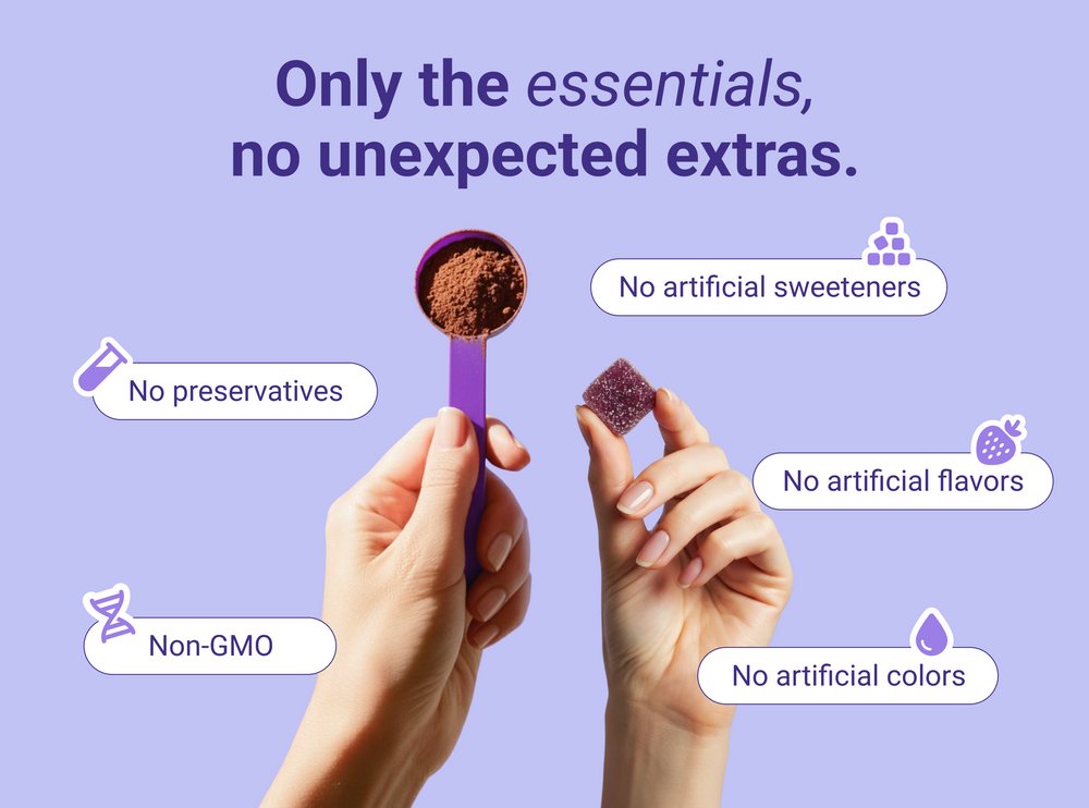 Only the essentials: no preservatives, no artificial sweeteners, flavors or colors, non-GMO