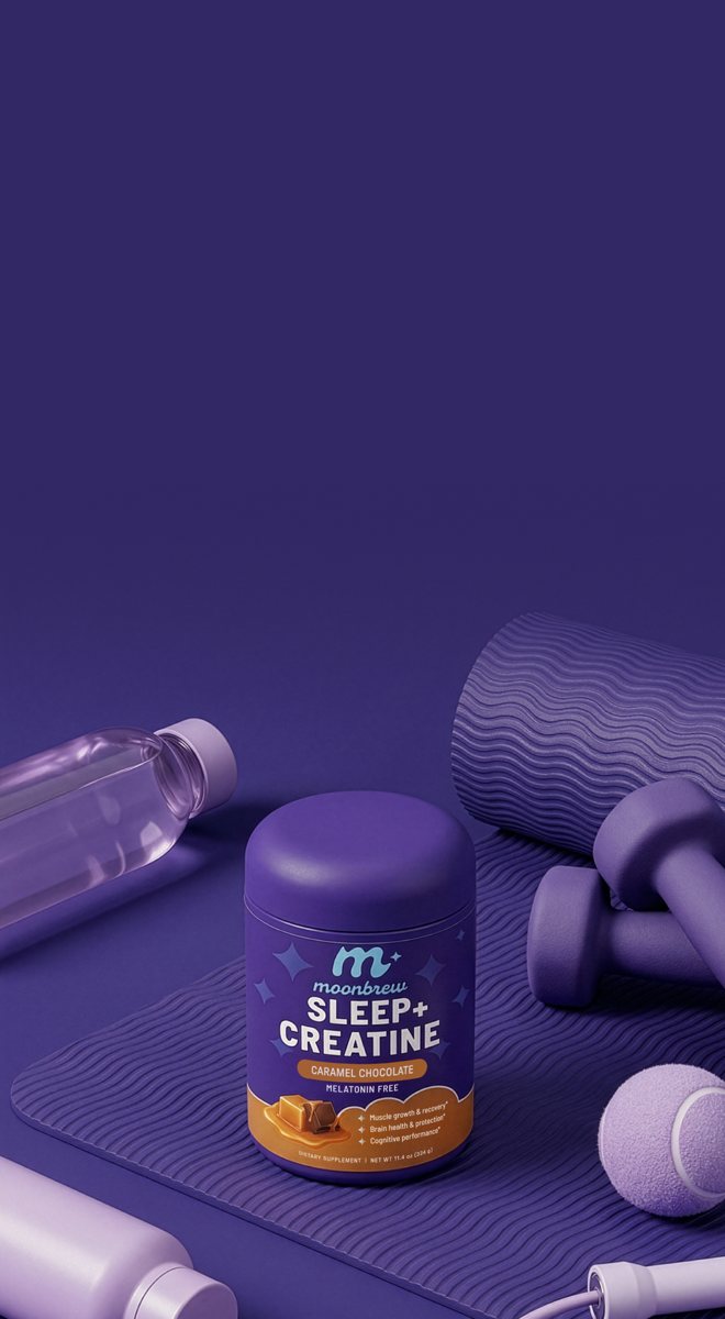 MoonBrew Sleep + Creatine jar with dumbbells and a yoga mat