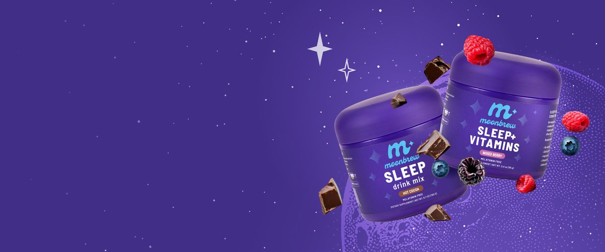 MoonBrew Sleep drink mix and Sleep + Vitamins jars against a starry purple sky