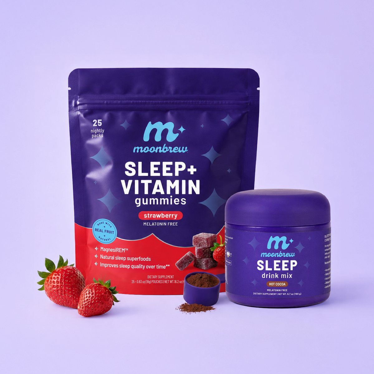 MoonBrew Sleep + Vitamin Gummies pouch beside a jar of Sleep drink mix