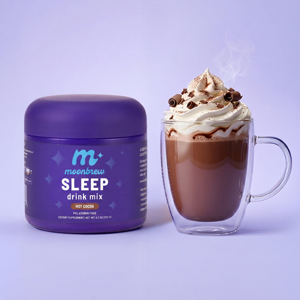 MoonBrew Sleep drink mix, hot cocoa, beside a mug of cocoa