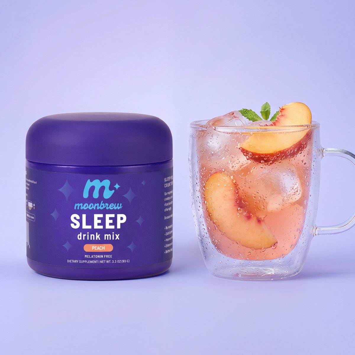 MoonBrew Sleep drink mix, peach, beside an iced peach drink
