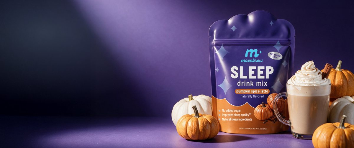 MoonBrew Sleep drink mix pouch, pumpkin spice latte, with a latte and pumpkins