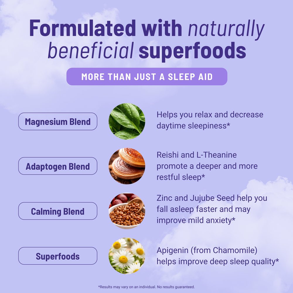 Formulated with naturally beneficial superfoods: magnesium blend, adaptogen blend, calming blend, superfoods